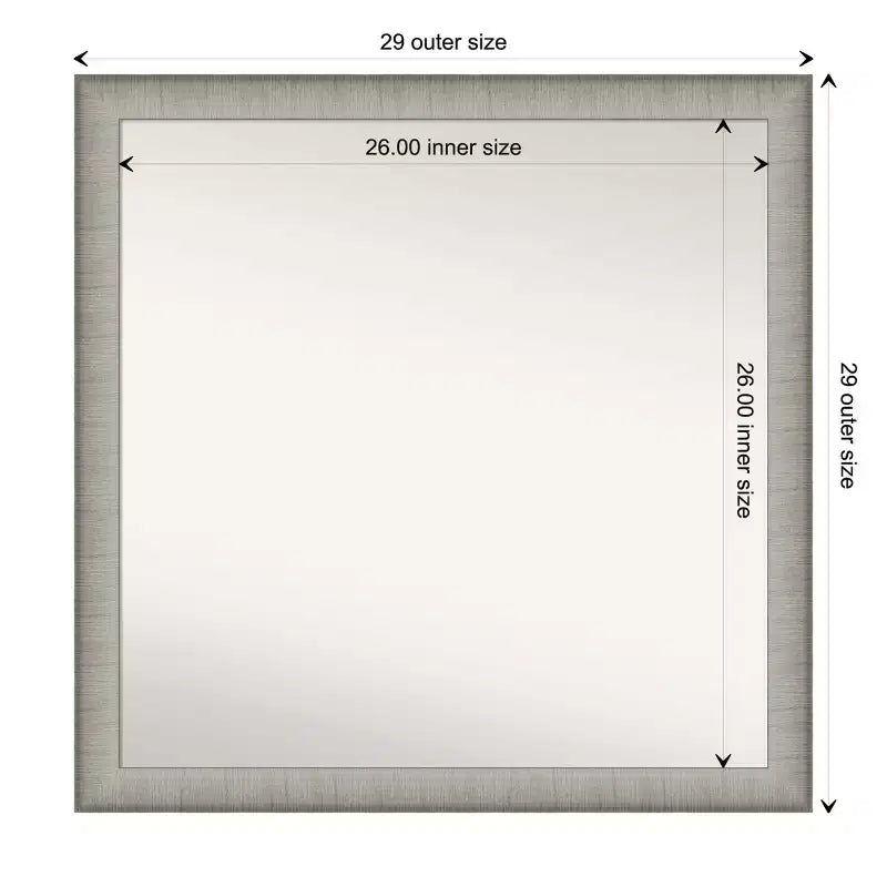 Miroir Mural de Salle de Bain Élégant Étroit Non Biseauté 29" x 29" en Étain Brossé - Carré, Fixation Murale, Quincaillerie Incluse