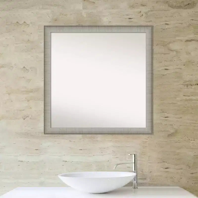 Miroir Mural de Salle de Bain Élégant Étroit Non Biseauté 29" x 29" en Étain Brossé - Carré, Fixation Murale, Quincaillerie Incluse