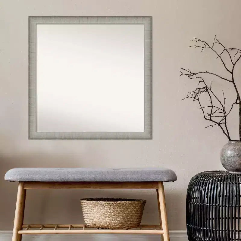 Miroir Mural de Salle de Bain Élégant Étroit Non Biseauté 29" x 29" en Étain Brossé - Carré, Fixation Murale, Quincaillerie Incluse
