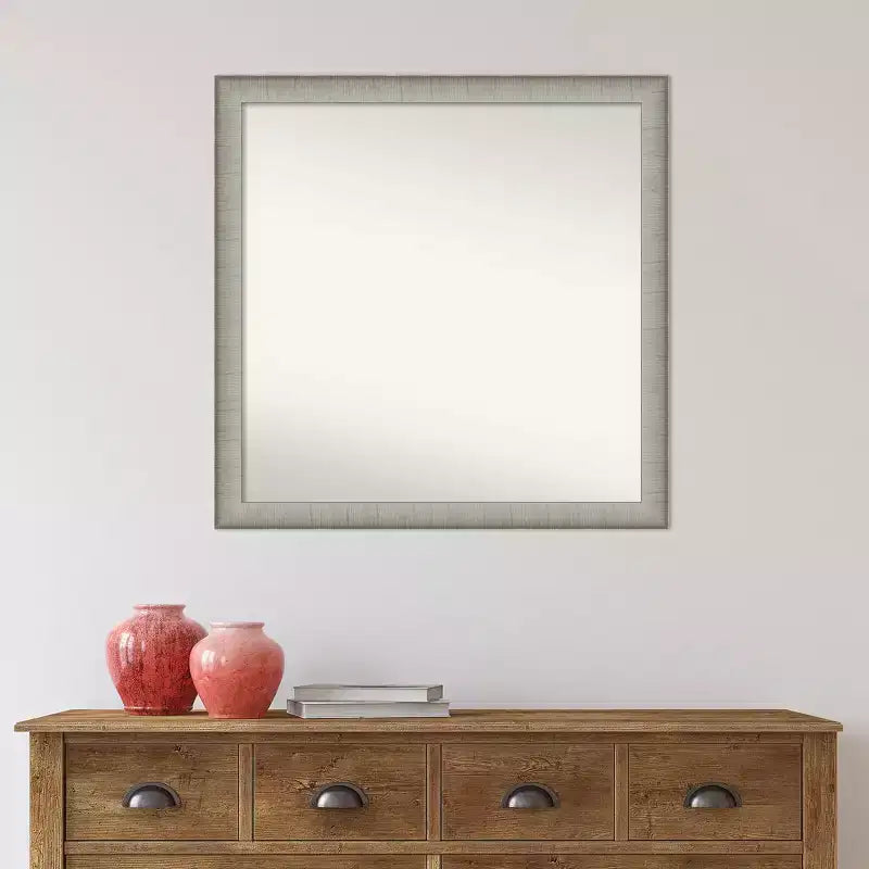 Miroir Mural de Salle de Bain Élégant Étroit Non Biseauté 29" x 29" en Étain Brossé - Carré, Fixation Murale, Quincaillerie Incluse