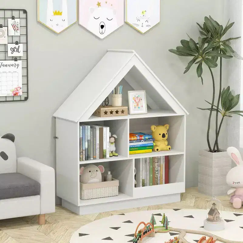 Bibliothèque pour Enfants Maison de Poupée en Bois avec Étagères Ouvertes Système Anti-basculement Blanc/Marron