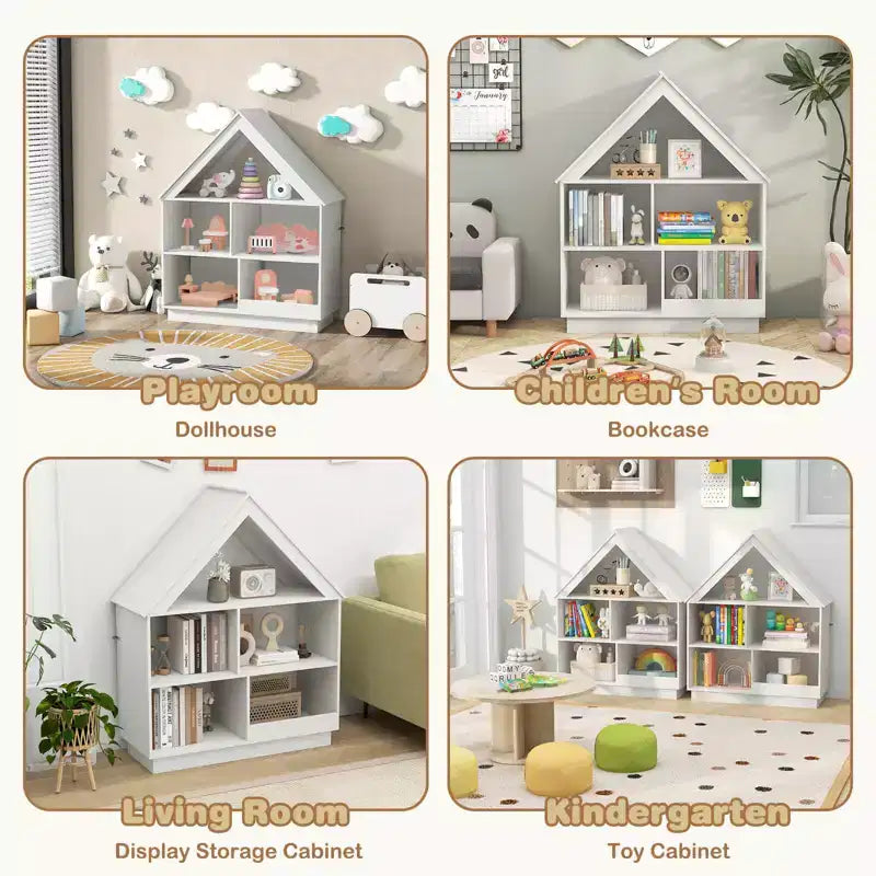 Bibliothèque pour Enfants Maison de Poupée en Bois avec Étagères Ouvertes Système Anti-basculement Blanc/Marron