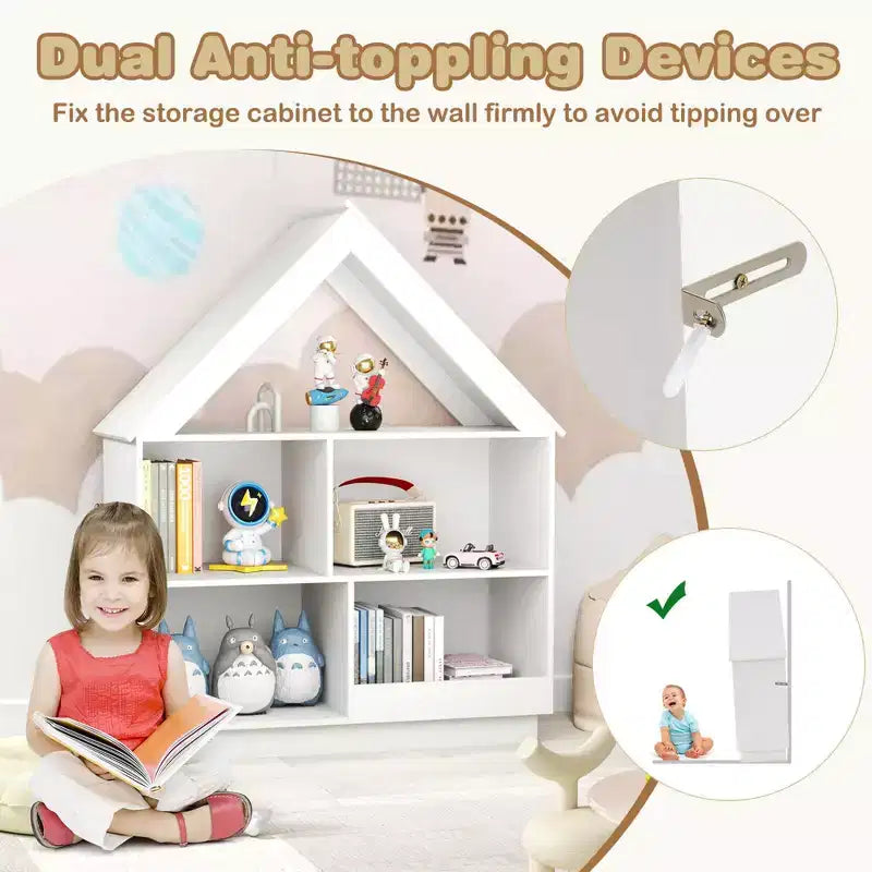 Bibliothèque pour Enfants Maison de Poupée en Bois avec Étagères Ouvertes Système Anti-basculement Blanc/Marron
