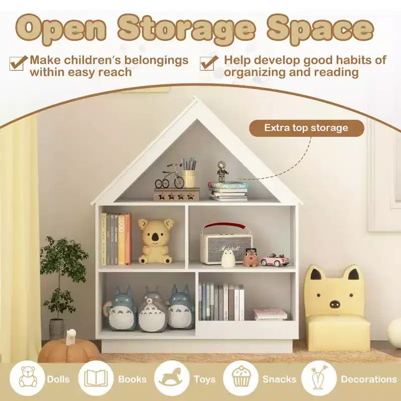 Bibliothèque pour Enfants Maison de Poupée en Bois avec Étagères Ouvertes Système Anti-basculement Blanc/Marron