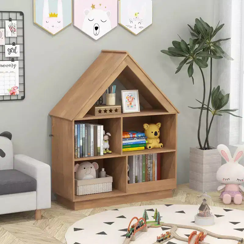 Bibliothèque pour Enfants Maison de Poupée en Bois avec Étagères Ouvertes Système Anti-basculement Blanc/Marron