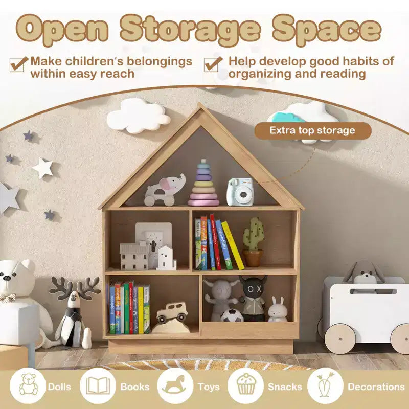 Bibliothèque pour Enfants Maison de Poupée en Bois avec Étagères Ouvertes Système Anti-basculement Blanc/Marron