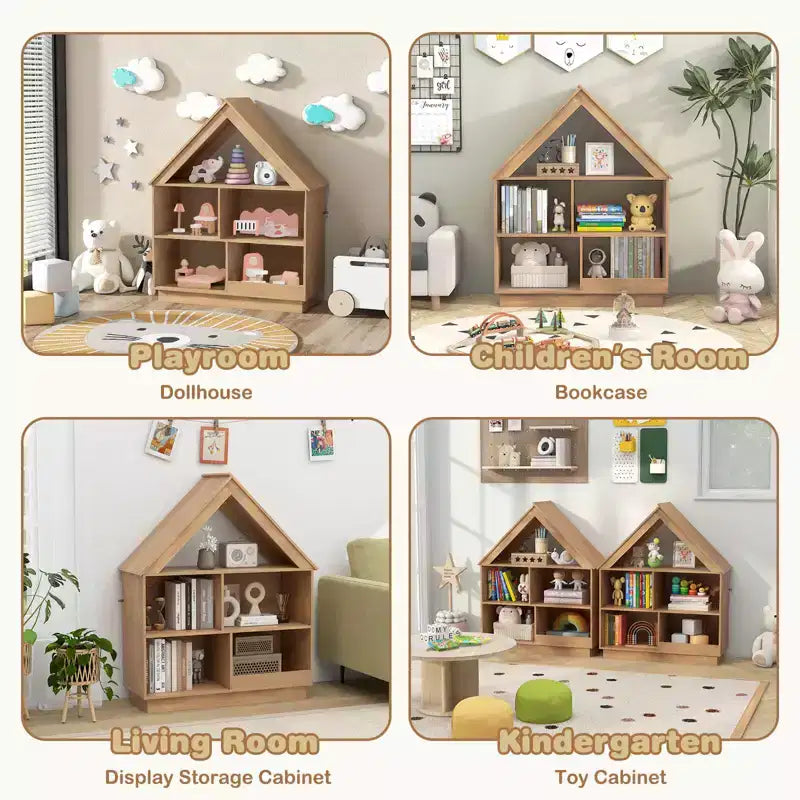 Bibliothèque pour Enfants Maison de Poupée en Bois avec Étagères Ouvertes Système Anti-basculement Blanc/Marron