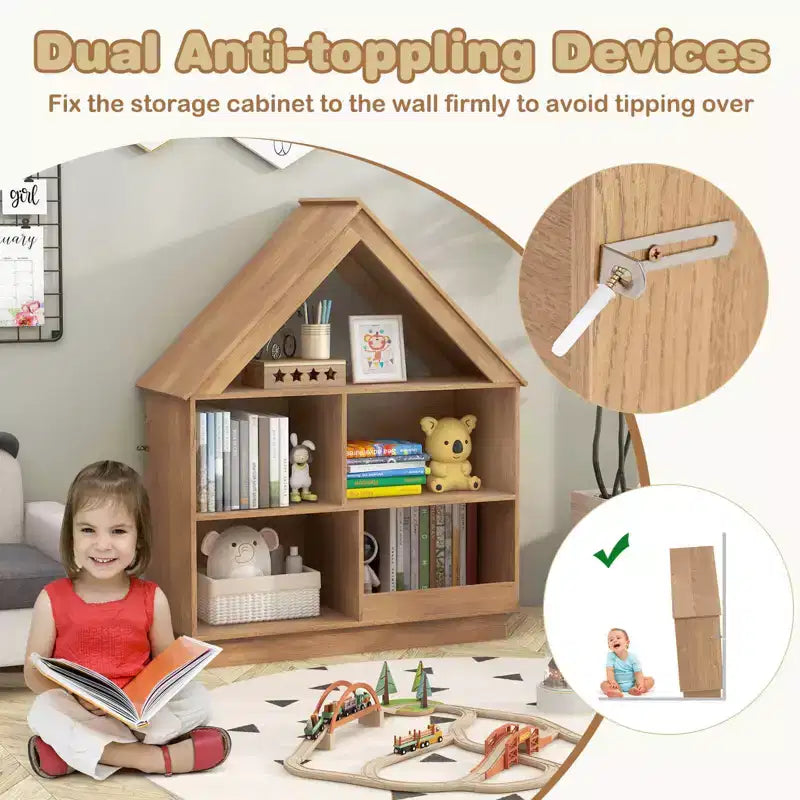 Bibliothèque pour Enfants Maison de Poupée en Bois avec Étagères Ouvertes Système Anti-basculement Blanc/Marron