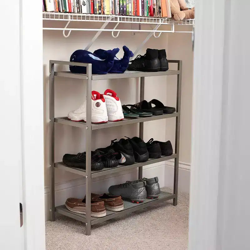 Étagère à chaussures en métal à 4 niveaux, tablettes en métal déployé avec supports centraux, cadre durable avec poignées