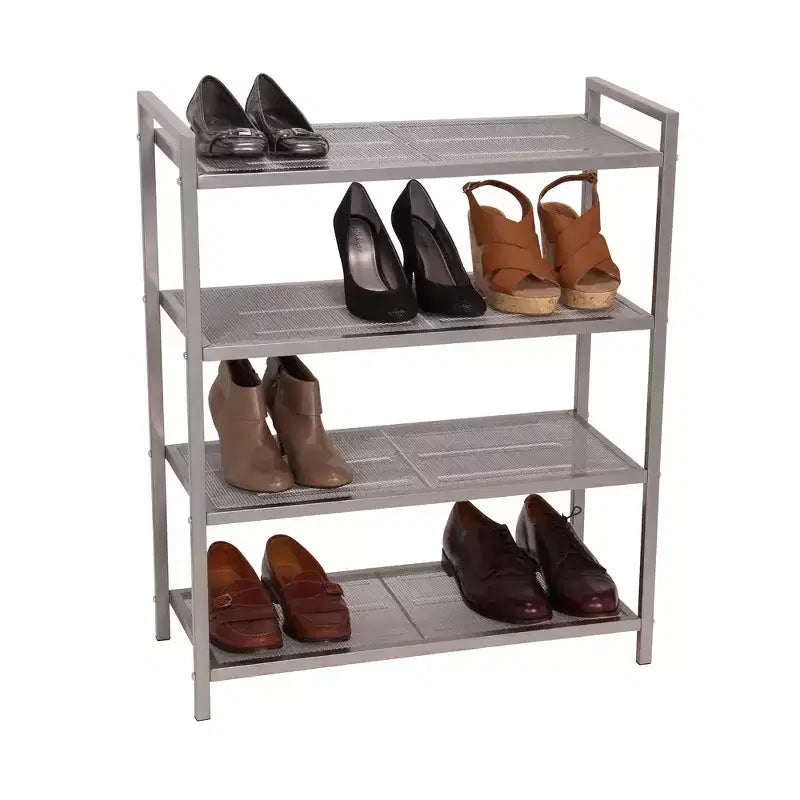 Étagère à chaussures en métal à 4 niveaux, tablettes en métal déployé avec supports centraux, cadre durable avec poignées