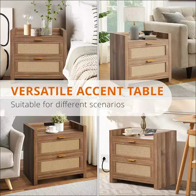 Table de chevet moderne, Tables de nuit avec 2 tiroirs en rotin PE, Tables de chevet en rotin pour chambre à coucher et salon