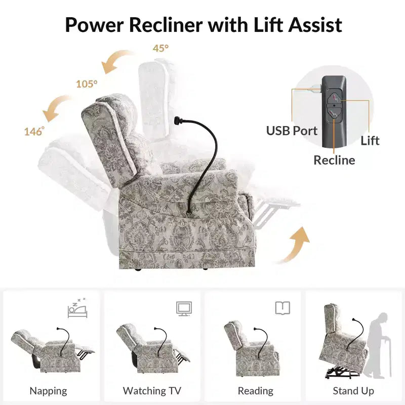 Fauteuil inclinable électrique releveur avec massage, chaleur et appuie-tête manuel