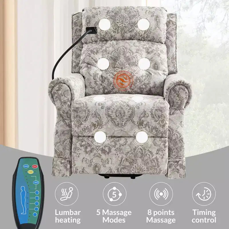 Fauteuil inclinable électrique releveur avec massage, chaleur et appuie-tête manuel
