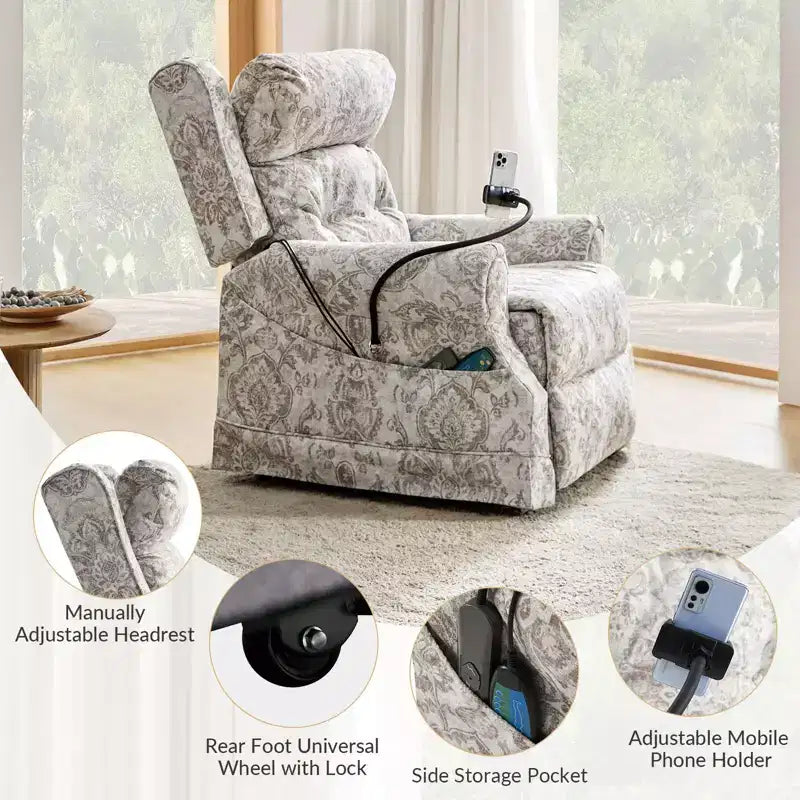 Fauteuil inclinable électrique releveur avec massage, chaleur et appuie-tête manuel
