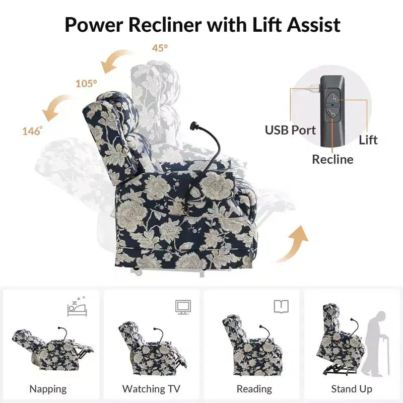 Fauteuil inclinable électrique releveur avec massage, chaleur et appuie-tête manuel