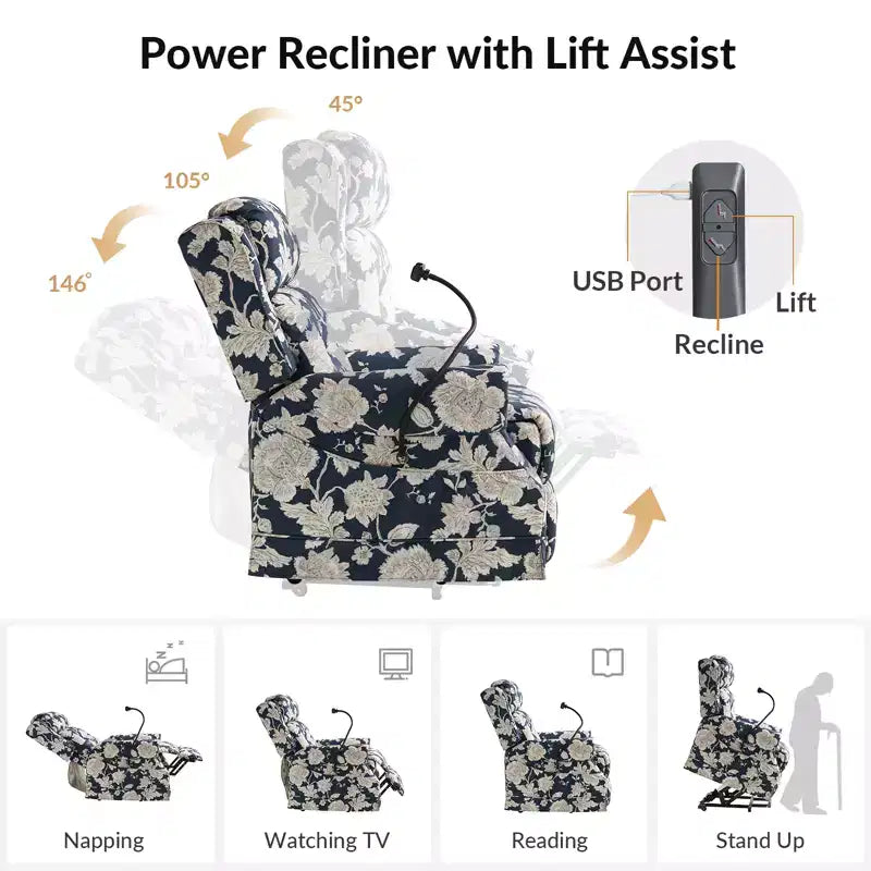 Fauteuil inclinable électrique releveur avec massage, chaleur et appuie-tête manuel