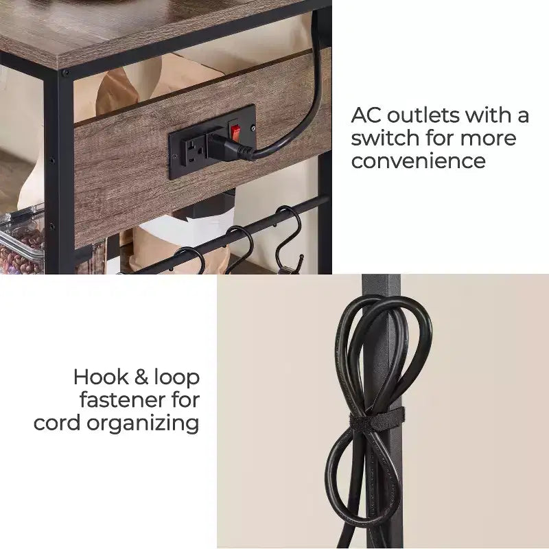 Îlot de cuisine roulant avec station de recharge et porte-verres