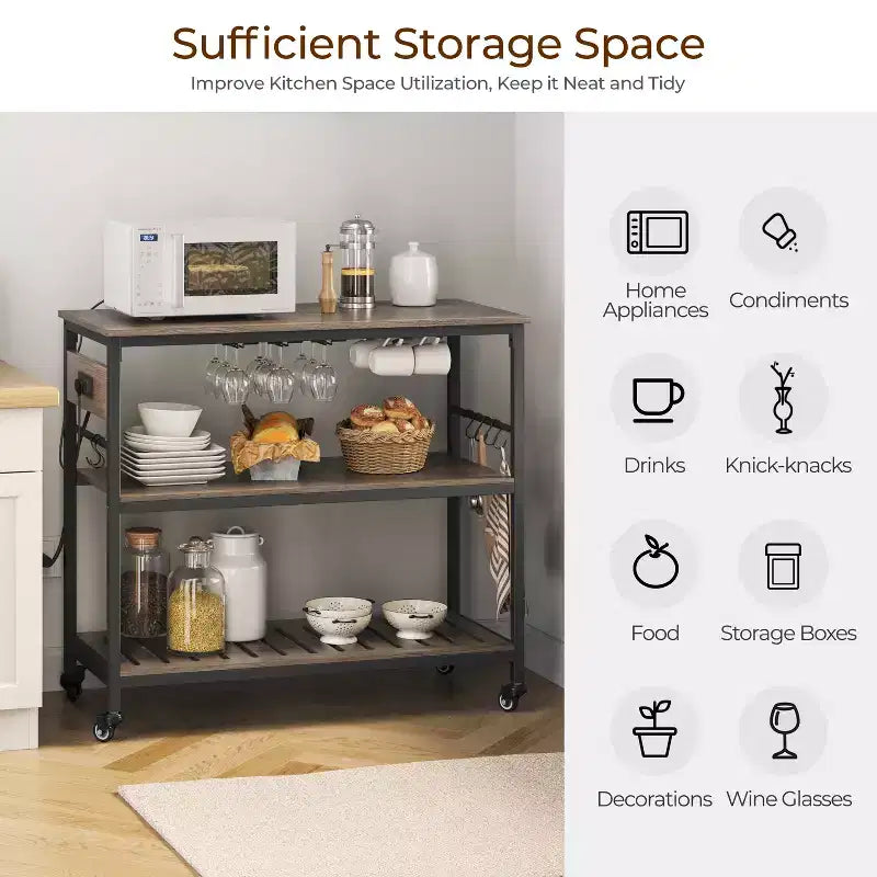 Îlot de cuisine roulant avec station de recharge et porte-verres