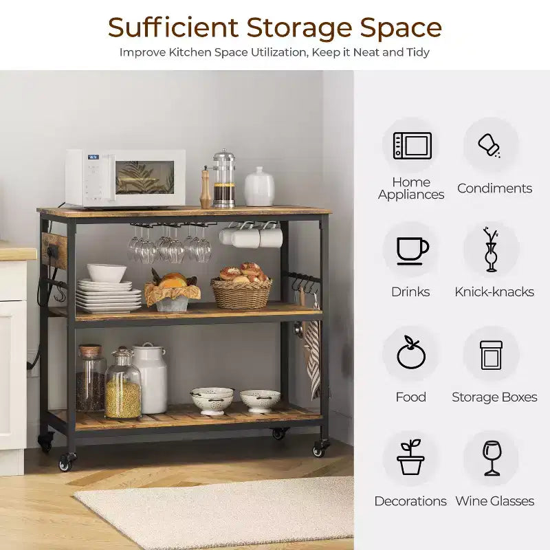 Îlot de cuisine roulant avec station de recharge et porte-verres