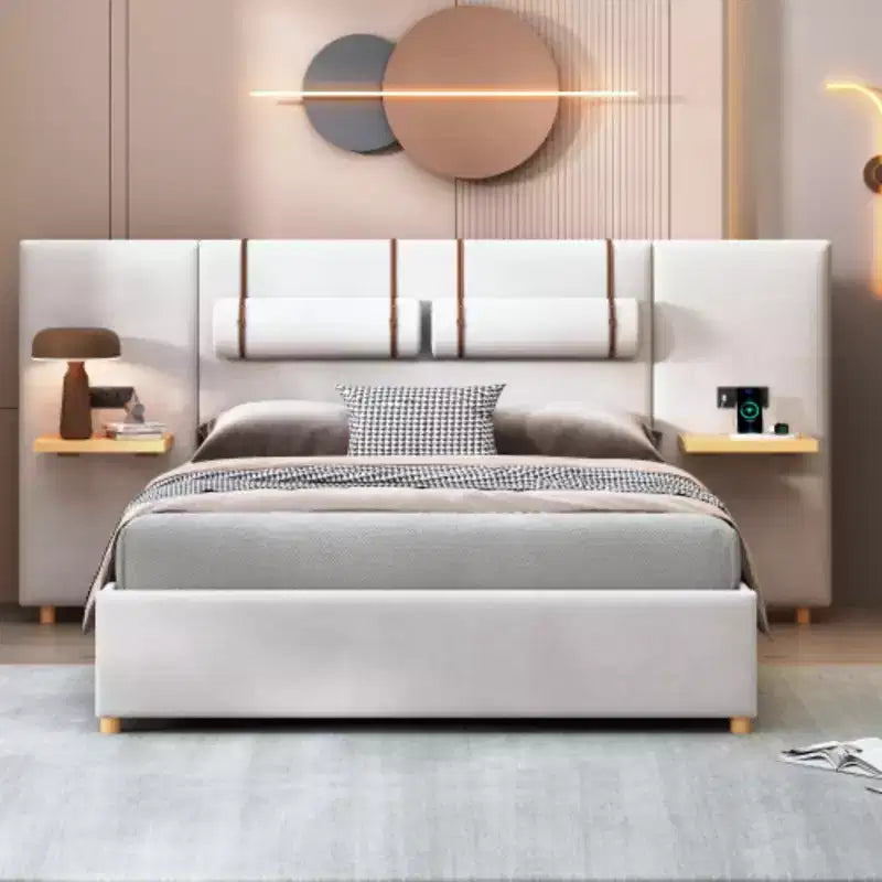 Lit plateforme en velours de taille standard avec deux prises, ports de chargement USB, oreillers de chevet et étagères de rangement