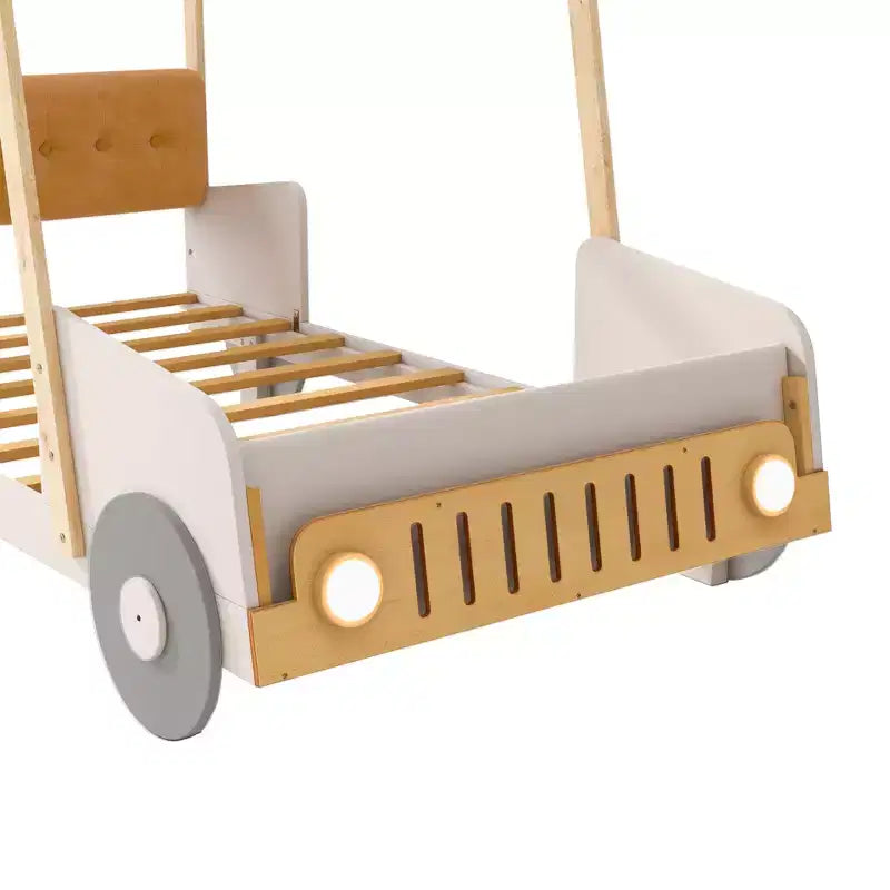 Lit de voiture en bois avec oreiller, ciel de lit et LED - Naturel