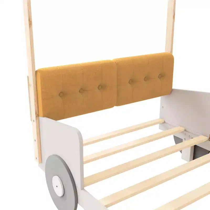 Lit de voiture en bois avec oreiller, ciel de lit et LED - Naturel