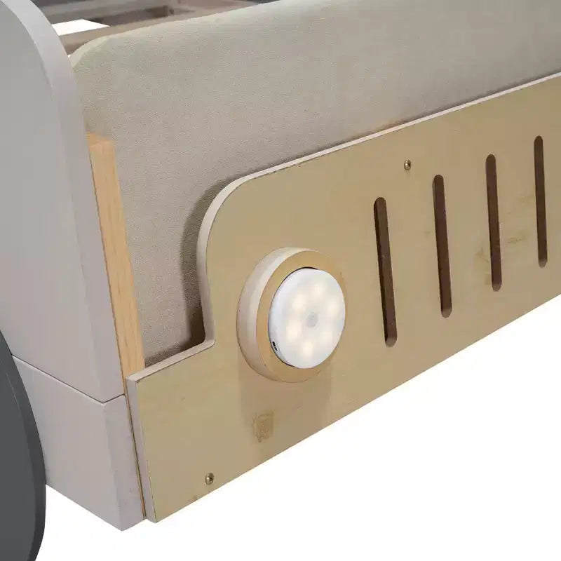 Lit de voiture en bois avec oreiller, ciel de lit et LED - Naturel