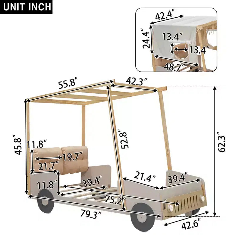 Lit de voiture en bois avec oreiller, ciel de lit et LED - Naturel