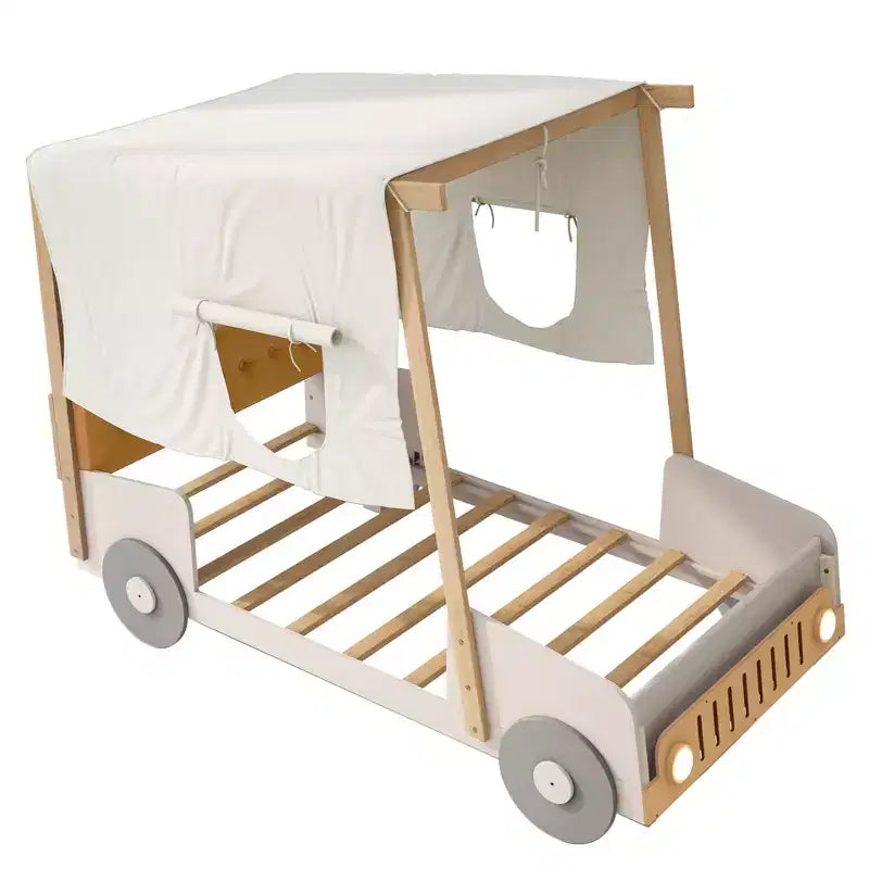 Lit de voiture en bois avec oreiller, ciel de lit et LED - Naturel