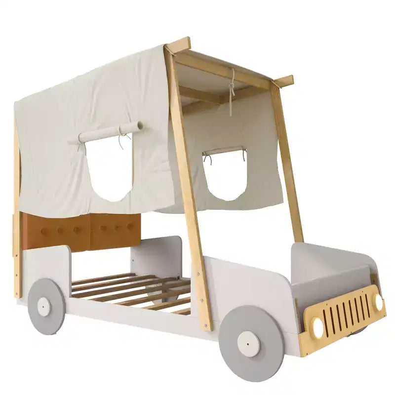 Lit de voiture en bois avec oreiller, ciel de lit et LED - Naturel