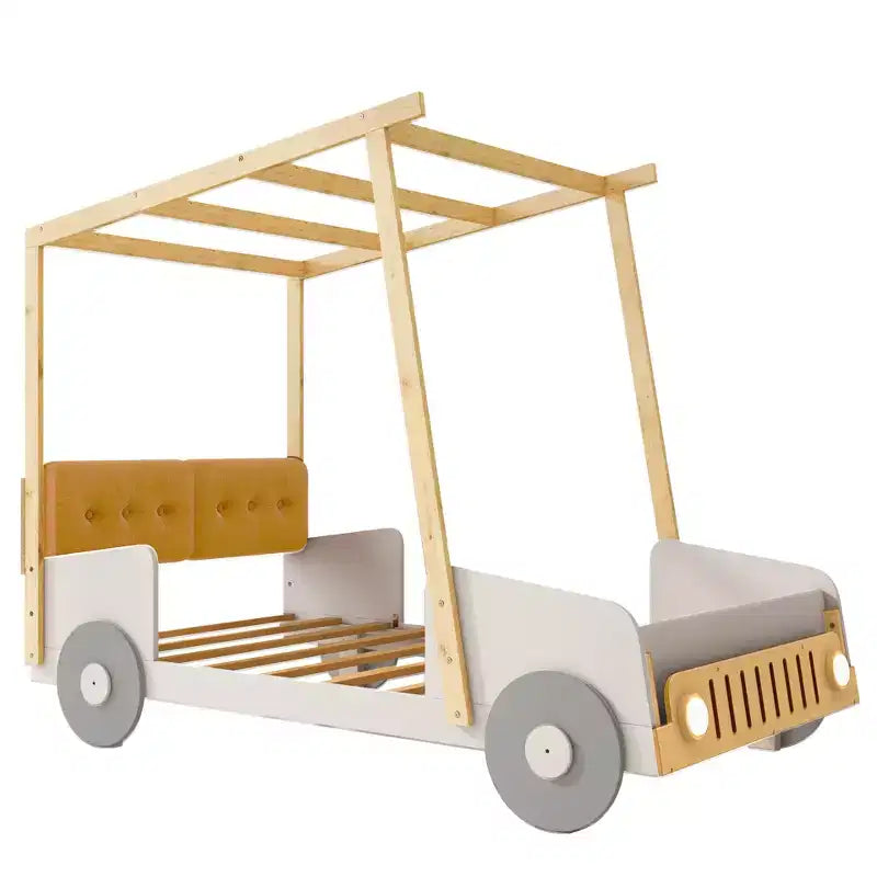 Lit de voiture en bois avec oreiller, ciel de lit et LED - Naturel