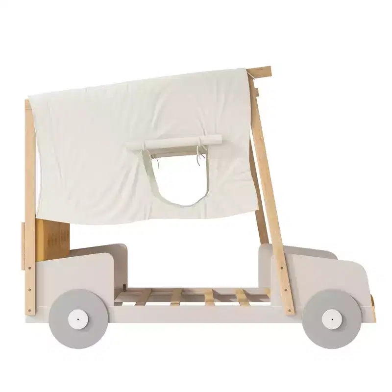 Lit de voiture en bois avec oreiller, ciel de lit et LED - Naturel