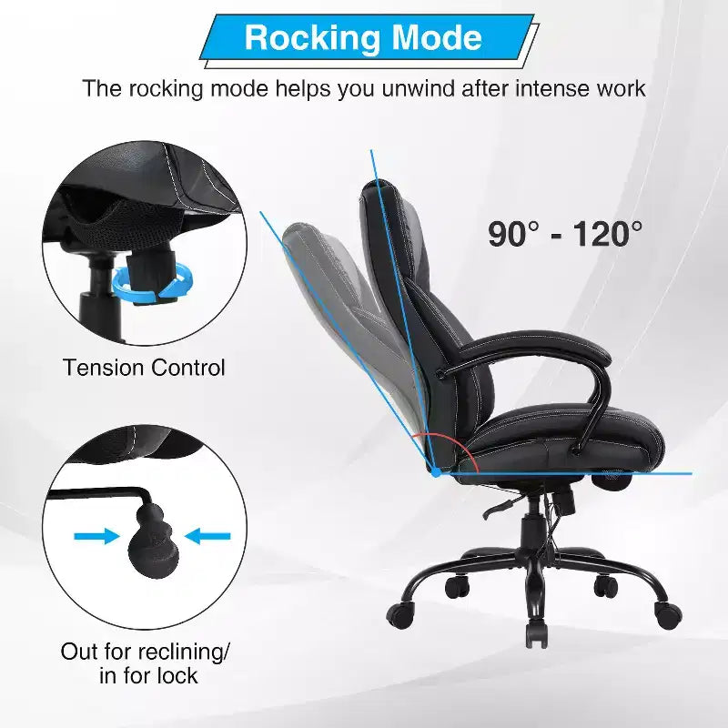 Fauteuil de bureau grande taille 225 kg, fauteuil de direction, fauteuil d'ordinateur avec soutien lombaire