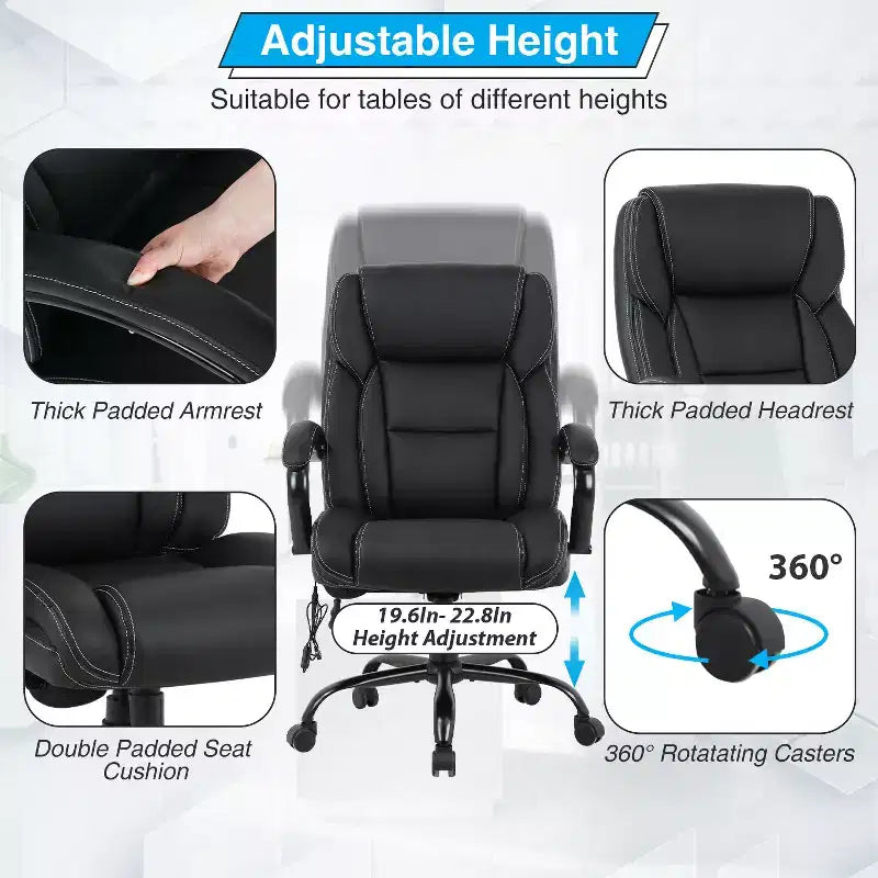 Fauteuil de bureau grande taille 225 kg, fauteuil de direction, fauteuil d'ordinateur avec soutien lombaire