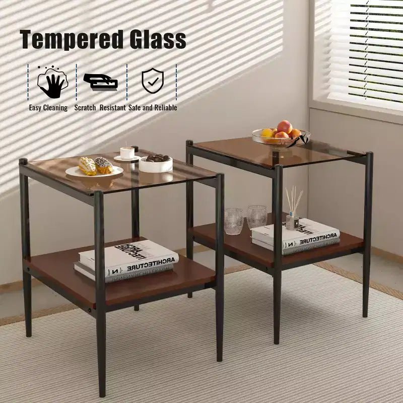 Bout de canapé rectangulaire avec plateau en verre trempé, pour salon, verre marron