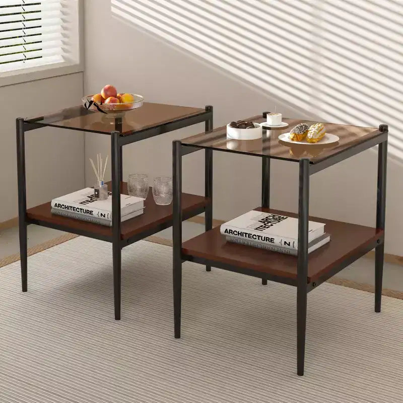 Bout de canapé rectangulaire avec plateau en verre trempé, pour salon, verre marron