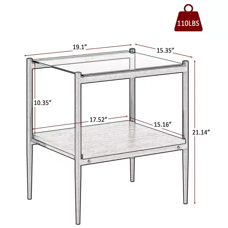 Bout de canapé rectangulaire avec plateau en verre trempé, pour salon, verre marron