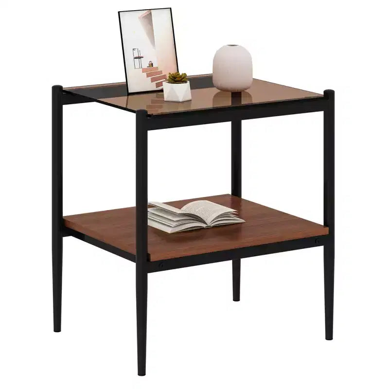 Bout de canapé rectangulaire avec plateau en verre trempé, pour salon, verre marron