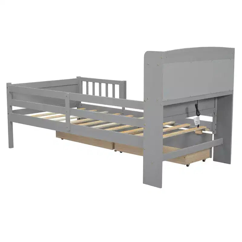 Lit plateforme double en bois avec éclairage LED intégré, tête de lit multifonctionnelle, garde-corps et tiroirs