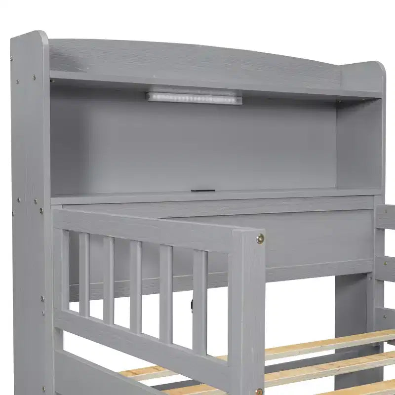 Lit plateforme double en bois avec éclairage LED intégré, tête de lit multifonctionnelle, garde-corps et tiroirs