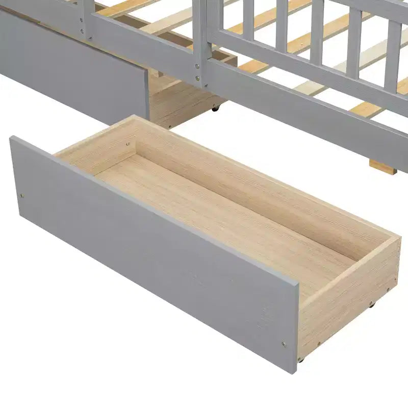 Lit plateforme double en bois avec éclairage LED intégré, tête de lit multifonctionnelle, garde-corps et tiroirs