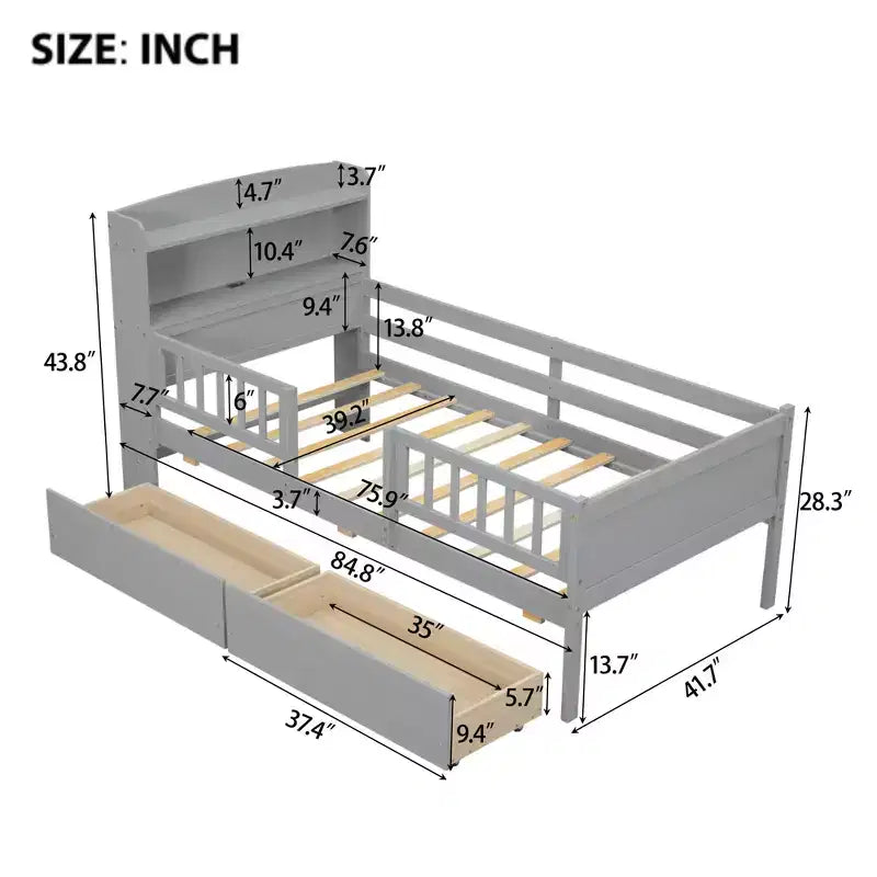 Lit plateforme double en bois avec éclairage LED intégré, tête de lit multifonctionnelle, garde-corps et tiroirs