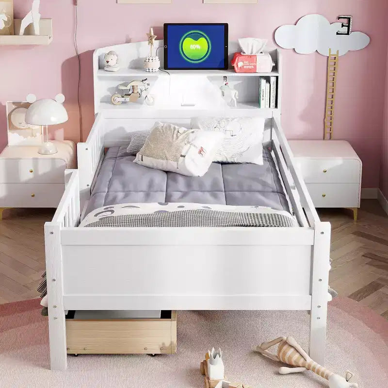 Lit plateforme double en bois avec éclairage LED intégré, tête de lit multifonctionnelle, garde-corps et tiroirs