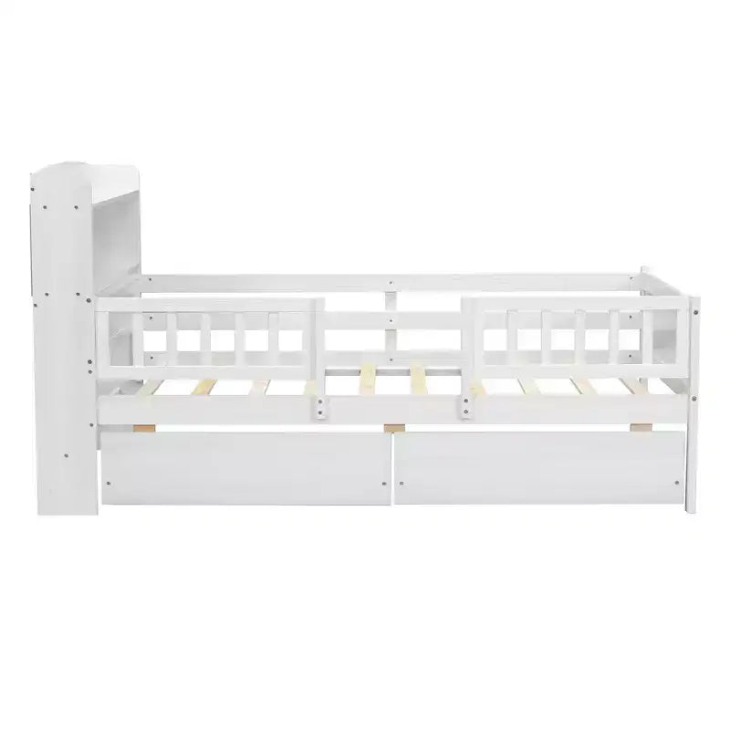 Lit plateforme double en bois avec éclairage LED intégré, tête de lit multifonctionnelle, garde-corps et tiroirs