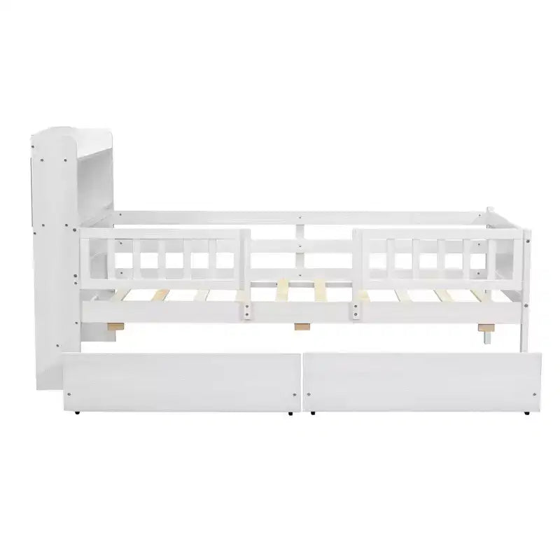 Lit plateforme double en bois avec éclairage LED intégré, tête de lit multifonctionnelle, garde-corps et tiroirs