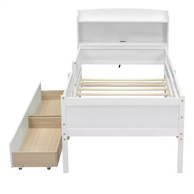 Lit plateforme double en bois avec éclairage LED intégré, tête de lit multifonctionnelle, garde-corps et tiroirs