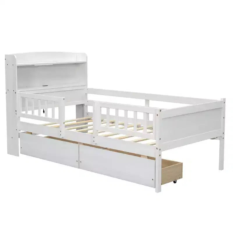 Lit plateforme double en bois avec éclairage LED intégré, tête de lit multifonctionnelle, garde-corps et tiroirs
