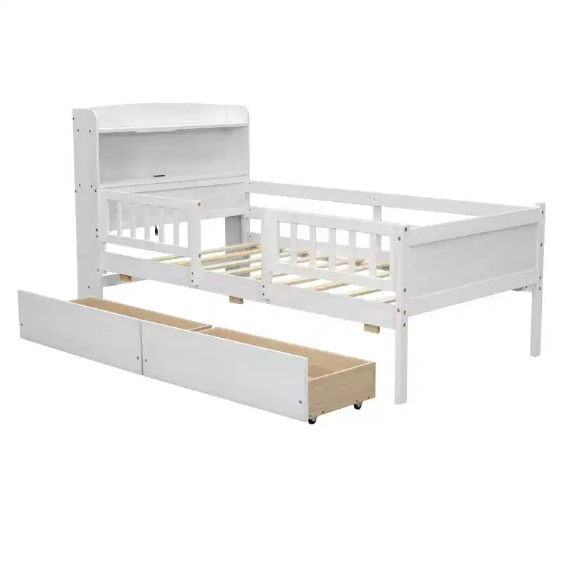 Lit plateforme double en bois avec éclairage LED intégré, tête de lit multifonctionnelle, garde-corps et tiroirs