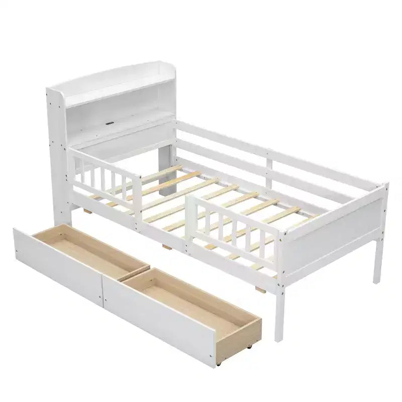 Lit plateforme double en bois avec éclairage LED intégré, tête de lit multifonctionnelle, garde-corps et tiroirs