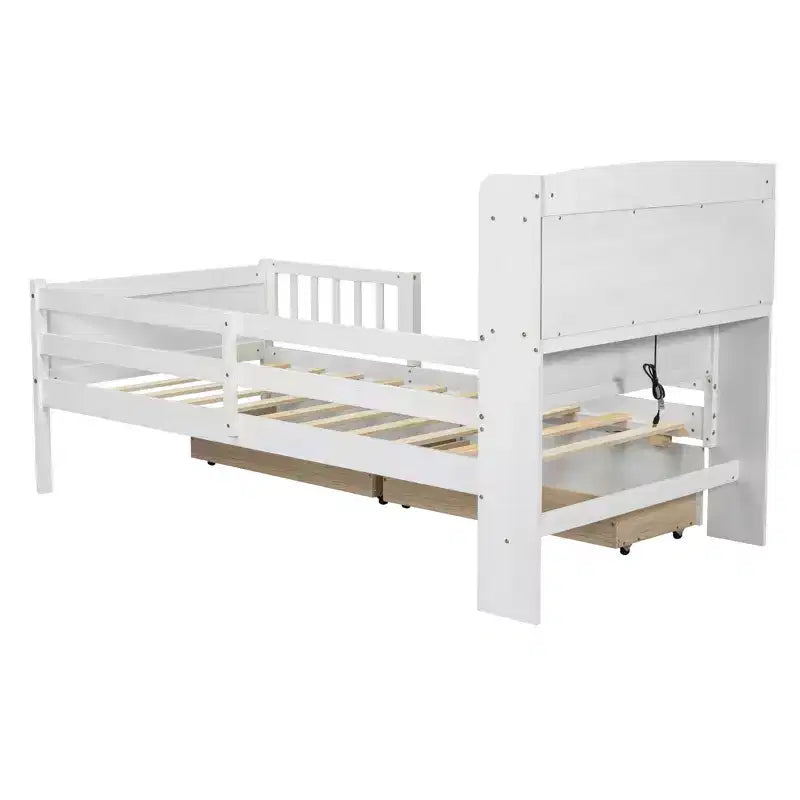 Lit plateforme double en bois avec éclairage LED intégré, tête de lit multifonctionnelle, garde-corps et tiroirs
